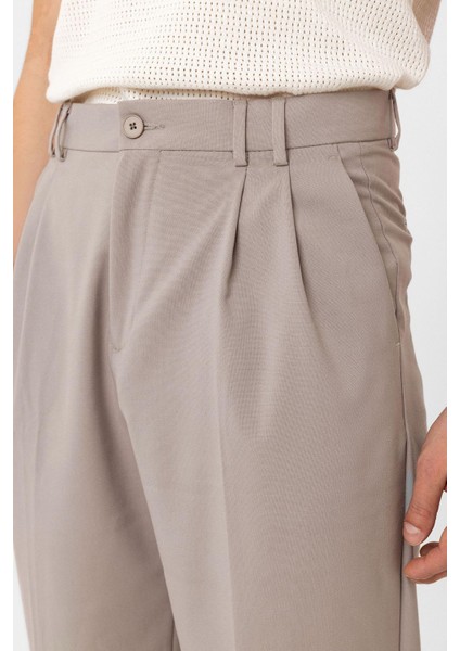 Bej Çift Pileli Baggy Fit Erkek Pantolon