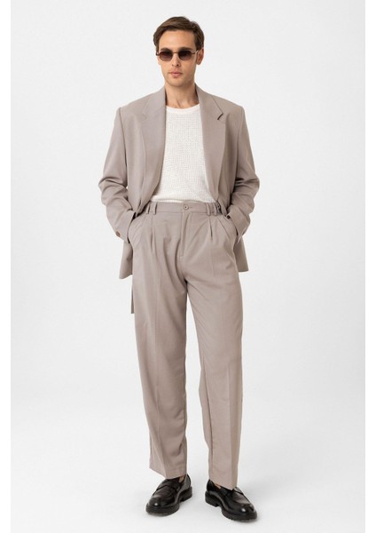Bej Çift Pileli Baggy Fit Erkek Pantolon