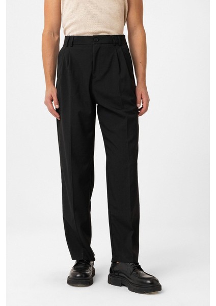 Siyah Çift Pileli Baggy Fit Erkek Pantolon