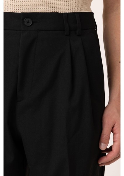 Siyah Çift Pileli Baggy Fit Erkek Pantolon fırsatları