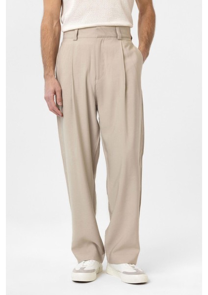 Bej Pileli Baggy Fit Erkek Pantolon