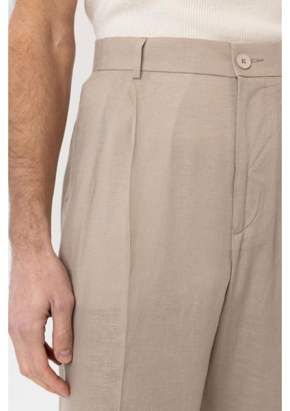 Bej Keten Karışımlı Erkek Baggy Pantolon fırsatları