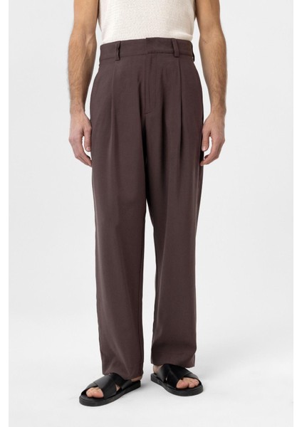 Kahve Pileli Baggy Fit Erkek Pantolon