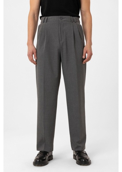 Gri Çift Pileli Baggy Fit Erkek Pantolon
