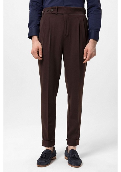 Koyu Kahve Yüksek Bel Pileli Carrot Fit Erkek Pantolon