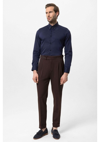 Koyu Kahve Yüksek Bel Pileli Carrot Fit Erkek Pantolon