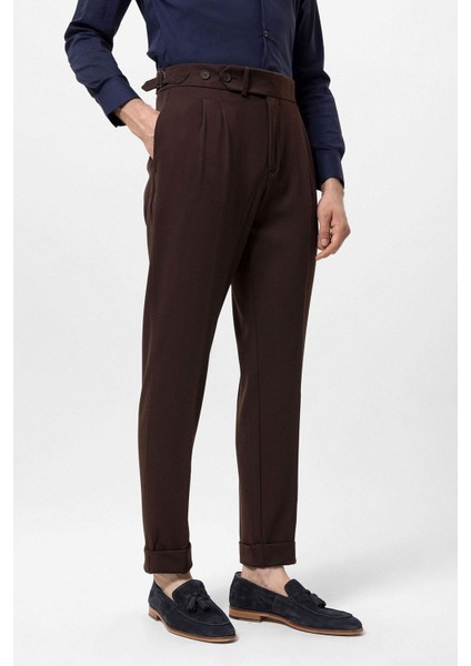 Koyu Kahve Yüksek Bel Pileli Carrot Fit Erkek Pantolon