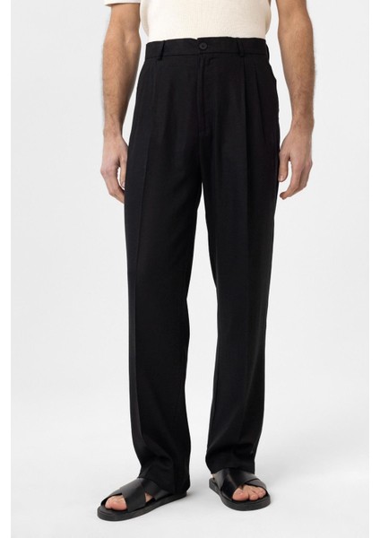 Siyah Keten Karışımlı Erkek Baggy Pantolon
