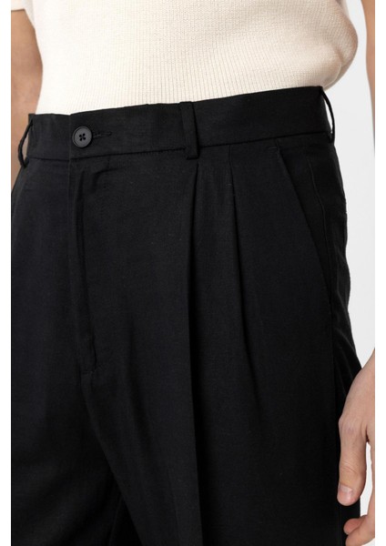 Siyah Keten Karışımlı Erkek Baggy Pantolon fırsatları