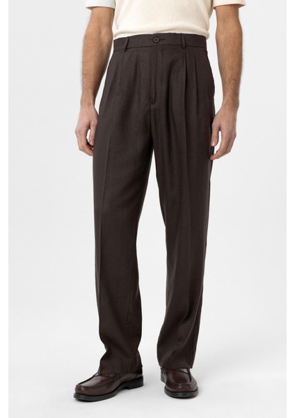 Kahve Keten Karışımlı Erkek Baggy Pantolon