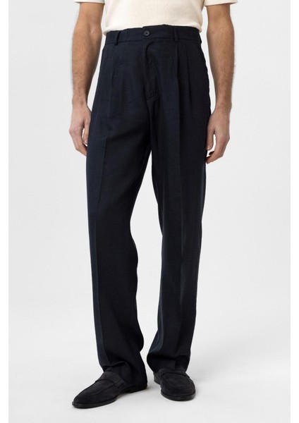 Lacivert Keten Karışımlı Erkek Baggy Pantolon
