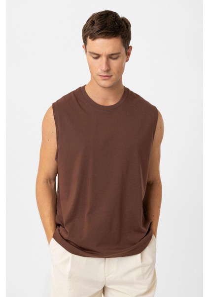 Kahve Relaxed Fit Erkek Kolsuz T-Shirt