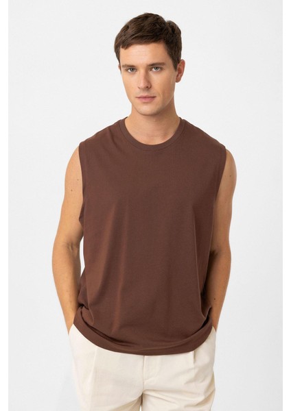Kahve Relaxed Fit Erkek Kolsuz T-Shirt modelleri