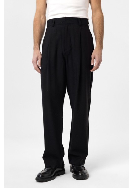 Siyah Pileli Baggy Fit Erkek Pantolon