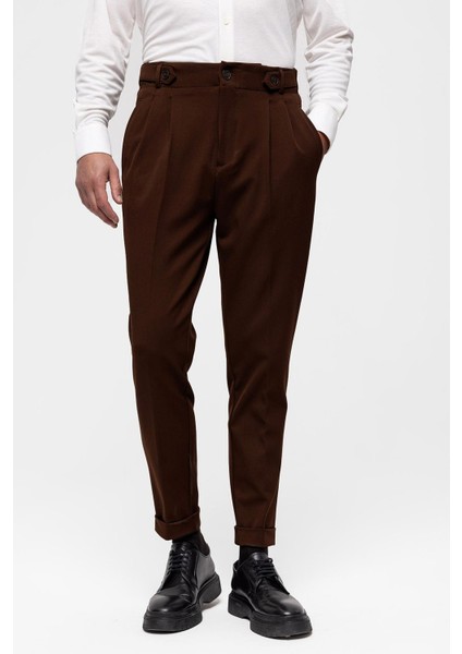 Koyu Kahve Yüksek Bel (Boyfriend) Pileli Kumaş Pantolon