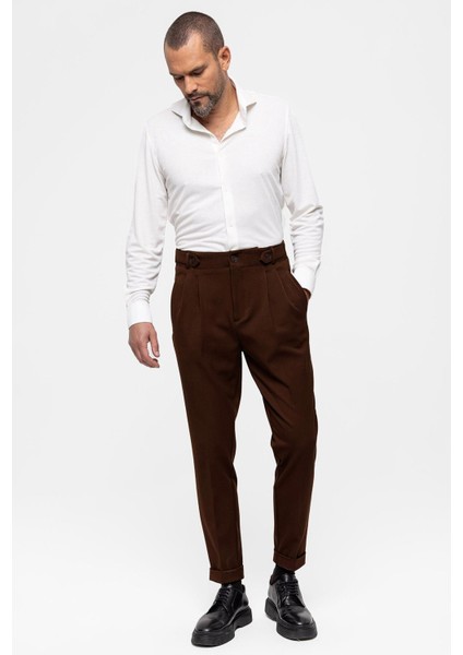 Koyu Kahve Yüksek Bel (Boyfriend) Pileli Kumaş Pantolon fiyatları