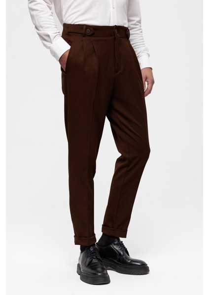 Koyu Kahve Yüksek Bel (Boyfriend) Pileli Kumaş Pantolon modelleri