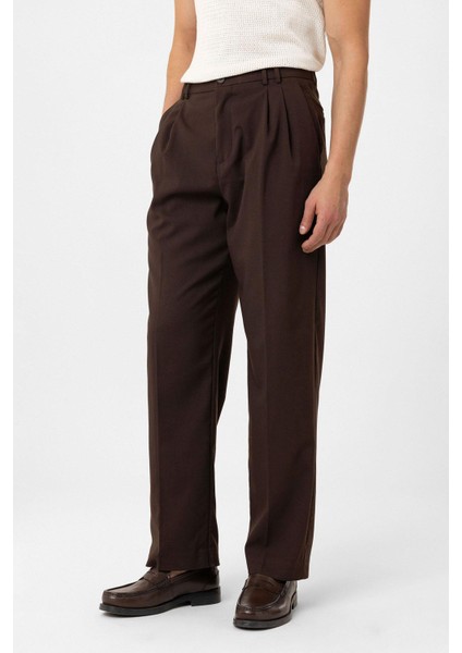 Kahve Çift Pileli Baggy Fit Erkek Pantolon
