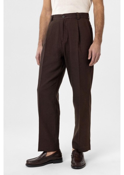 Kahve Yüksek Bel Keten Karışımlı Erkek Pantolon modelleri