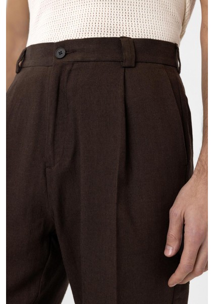 Kahve Yüksek Bel Keten Karışımlı Erkek Pantolon fırsatları