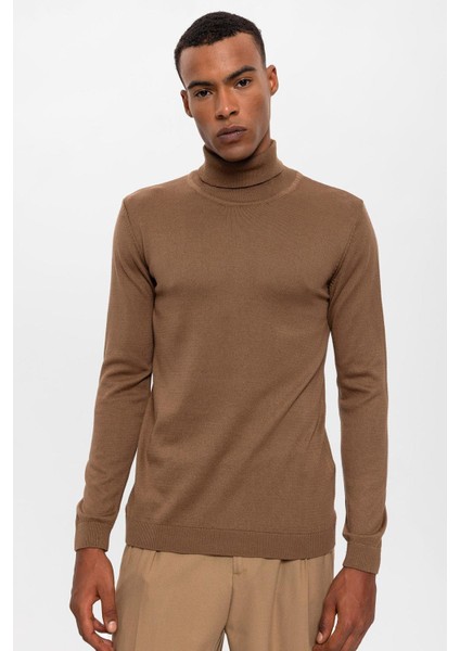 Açık Kahve Tam Boğazlı Erkek Triko