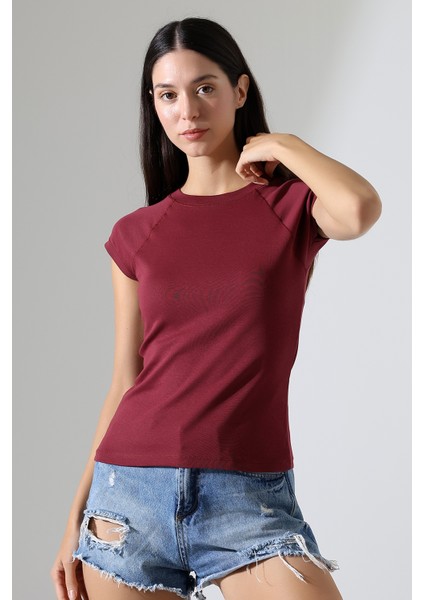 Penye Likralı Ribana Dikiş Detaylı Reglan Kol Pamuklu T-Shirt 21890 Bordo