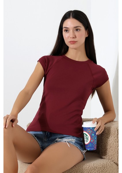 Penye Likralı Ribana Dikiş Detaylı Reglan Kol Pamuklu T-Shirt 21890 Bordo fiyatları