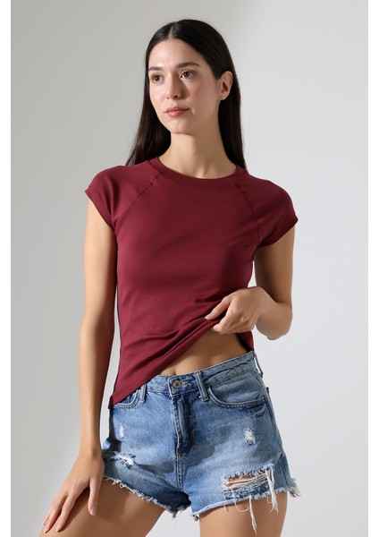 Penye Likralı Ribana Dikiş Detaylı Reglan Kol Pamuklu T-Shirt 21890 Bordo modelleri