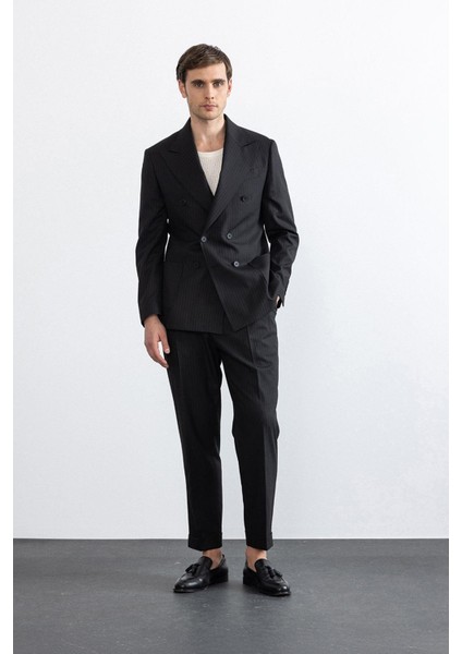 Siyah Kruvaze Kapama Italyan Kesim Yün Karışımlı Çizgili Erkek Teknik Takım