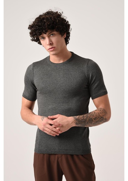 Antrasit Bisiklet Yaka Triko T-Shirt