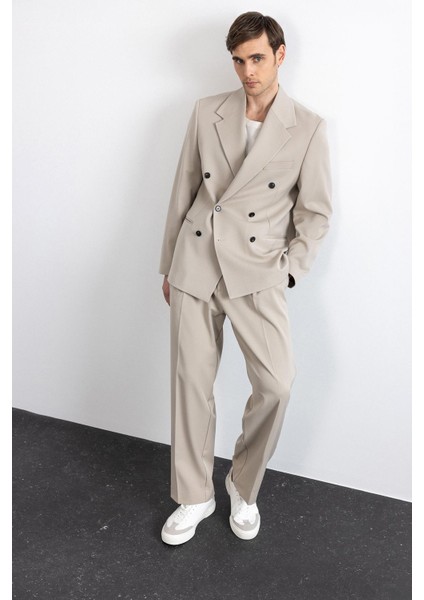 Bej Relax Fit Kruvaze Erkek Blazer Ceket