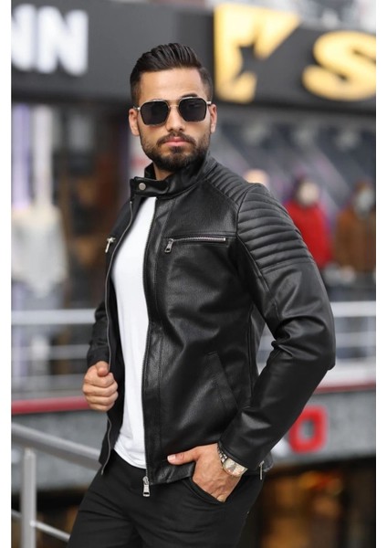 Erkek Siyah Iç Cepli Slim Fit Deri Ceket