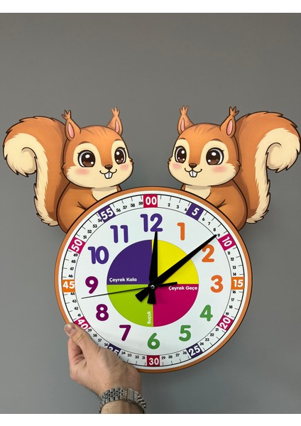 Sevimli Sincap Temalı Montessori Çocuk Odası Eğitici Duvar Saati
