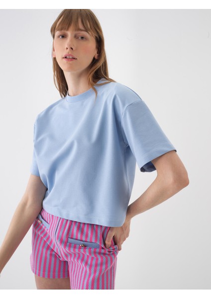 Kadın Mavi Oversize Pamuklu Tişört