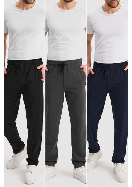 Siyah-Lacivert-Antrasit Erkek Fermuarlı Cepli Nakış Detaylı Düz Paça Rahat Kesim Günlük 3'lü Eşofman Altı
