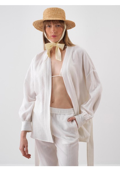 Kadın Beyaz Oversize Pamuklu Kimono