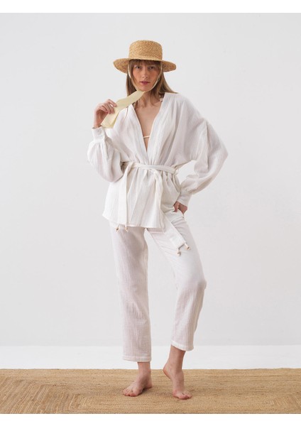 Kadın Beyaz Oversize Pamuklu Kimono fiyatları
