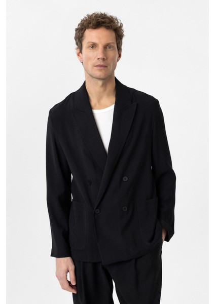 Siyah Relax Fit Diagonel Ince Erkek Blazer Ceket