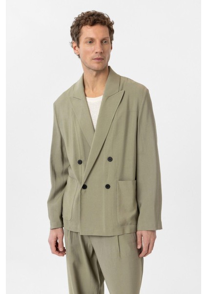 Haki Relax Fit Diagonel Ince Erkek Blazer Ceket