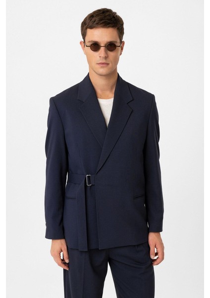 Lacivert Kuşaklı Relax Fit Erkek Blazer Ceket