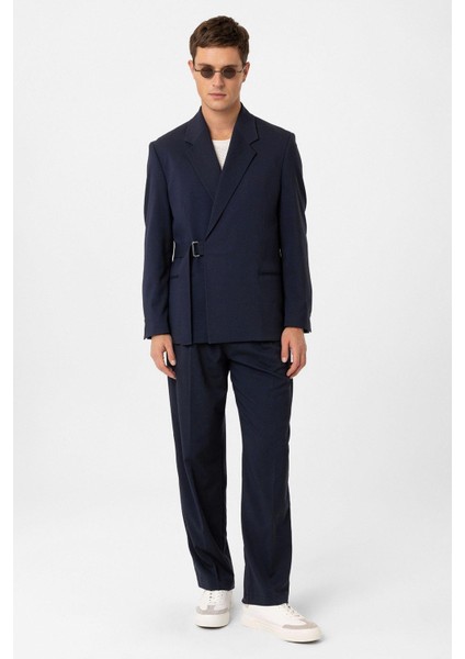 Lacivert Kuşaklı Relax Fit Erkek Blazer Ceket