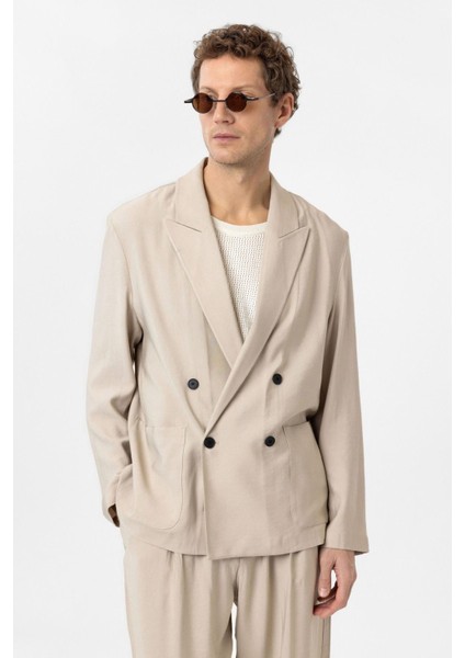 Bej Relax Fit Diagonel Ince Erkek Blazer Ceket