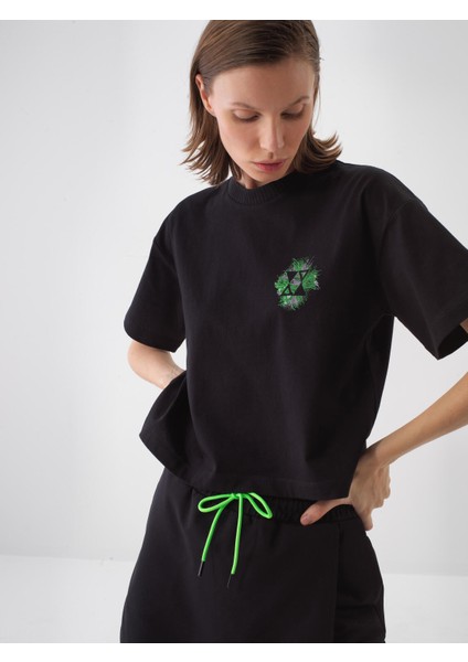 Kadın Siyah Oversize Pamuklu Tişört