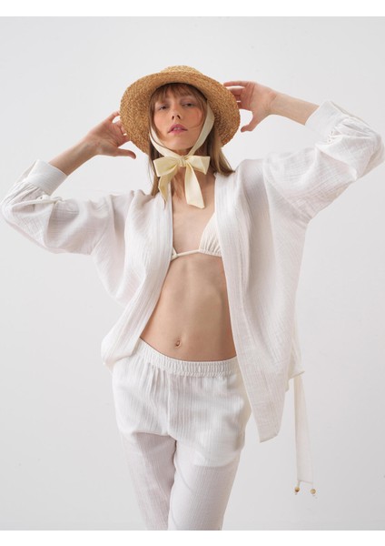 Kadın Beyaz Oversize Pamuklu Kimono fırsatları