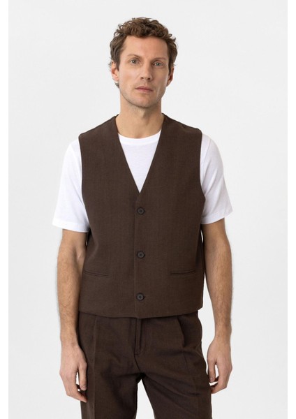 Kahve Relax Fit Keten Karışımlı Erkek Yelek