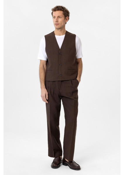 Kahve Relax Fit Keten Karışımlı Erkek Yelek fiyatları