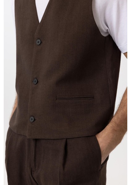 Kahve Relax Fit Keten Karışımlı Erkek Yelek fırsatları