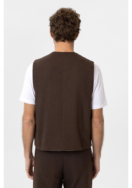 Kahve Relax Fit Keten Karışımlı Erkek Yelek indirimleri