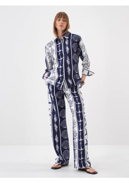 Kadın Lacivert Oversize Keten Gömlek