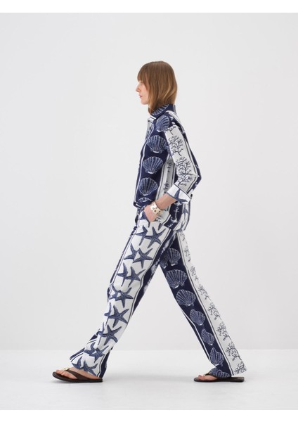 Kadın Lacivert Oversize Keten Gömlek